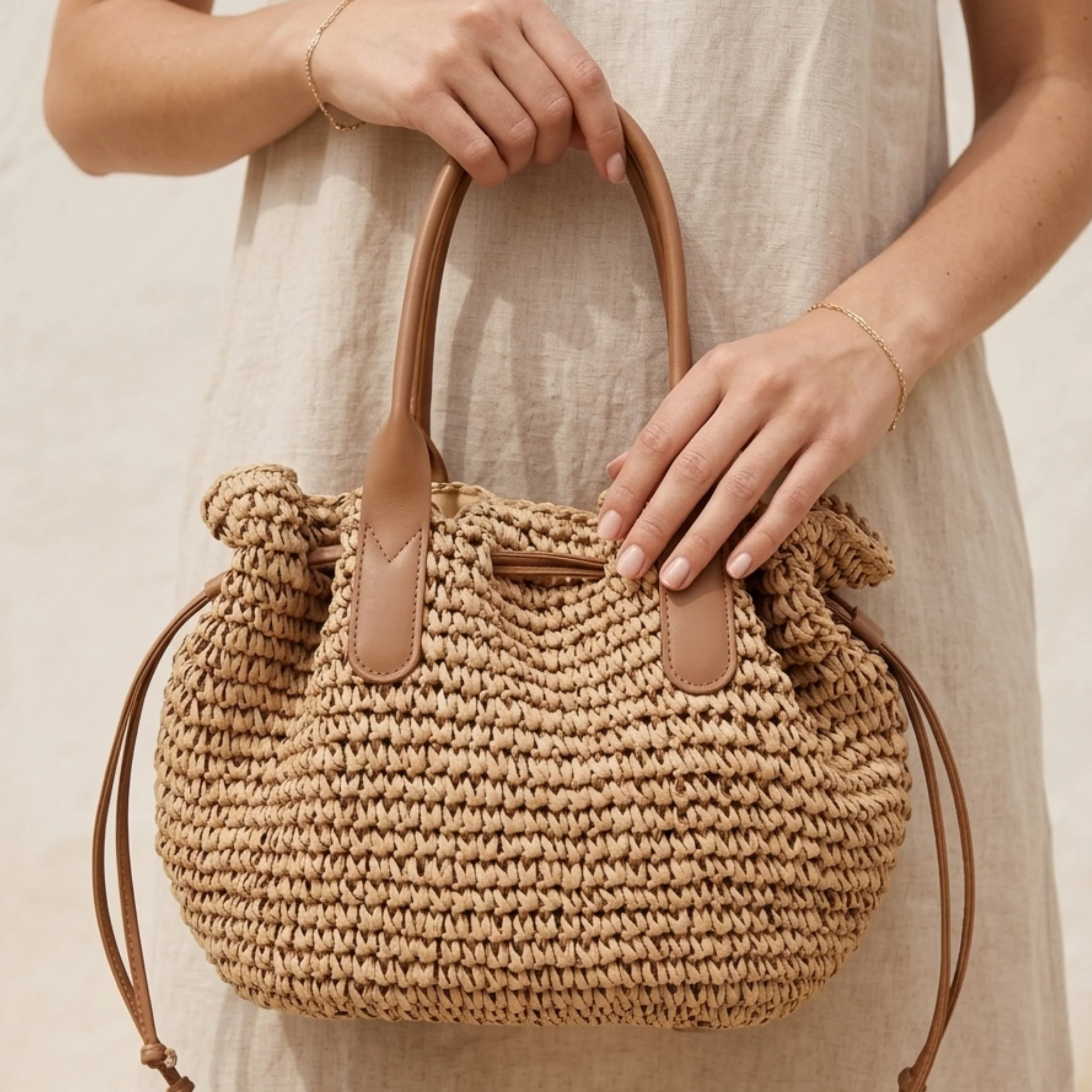 Premium Handwoven Straw Tote with Drawstring Shoulder Bag - Sustainable Bag - Image 3