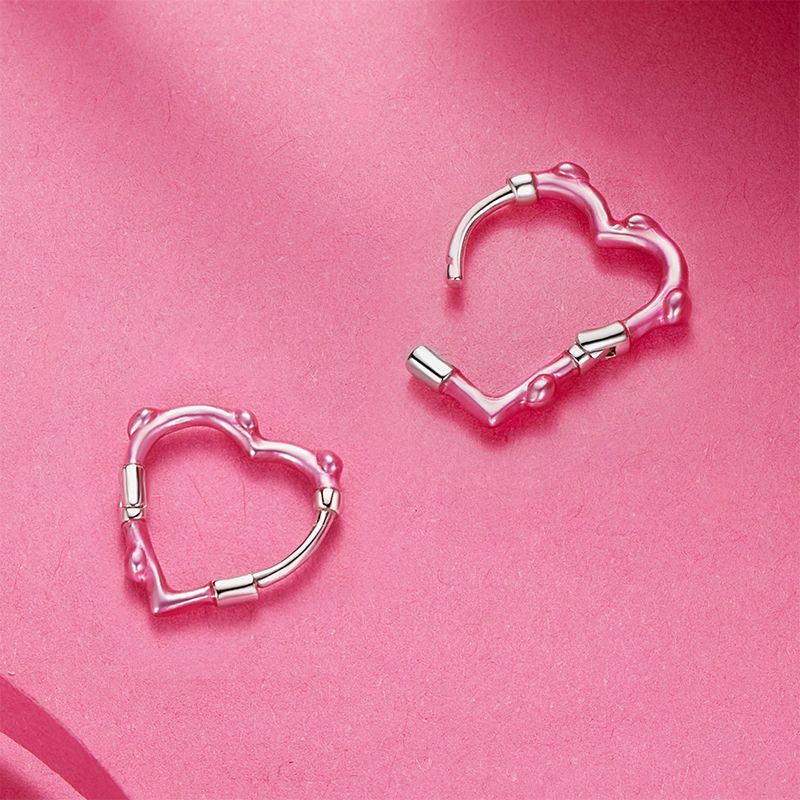 Radiant Pink Heart Bamboo Hoop Earrings - Image 4