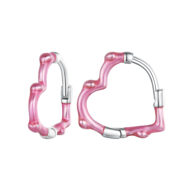 Radiant Pink Heart Bamboo Hoop Earrings - Image 5