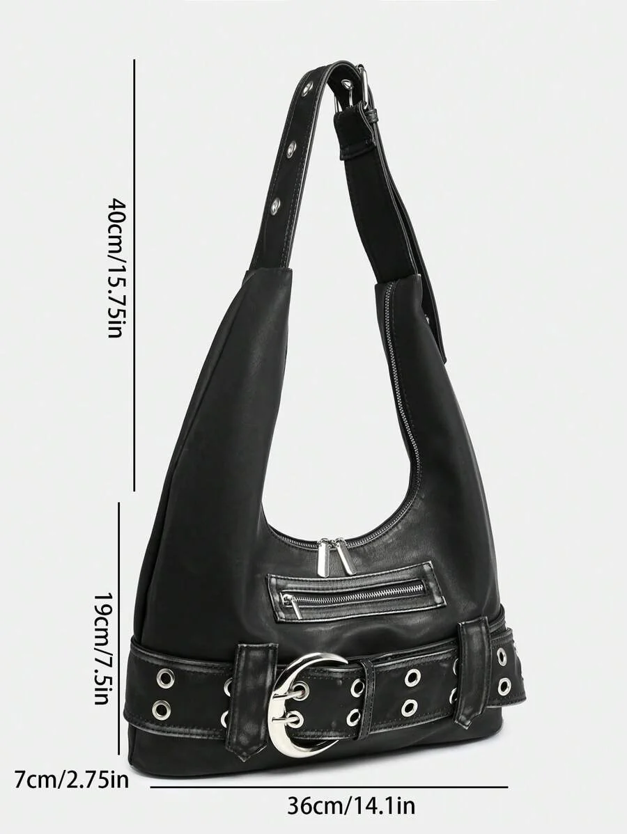 Rebel Luxe Distressed Buckle Hobo Bag - Image 10