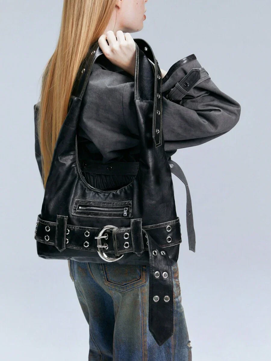 Rebel Luxe Distressed Buckle Hobo Bag - Image 12