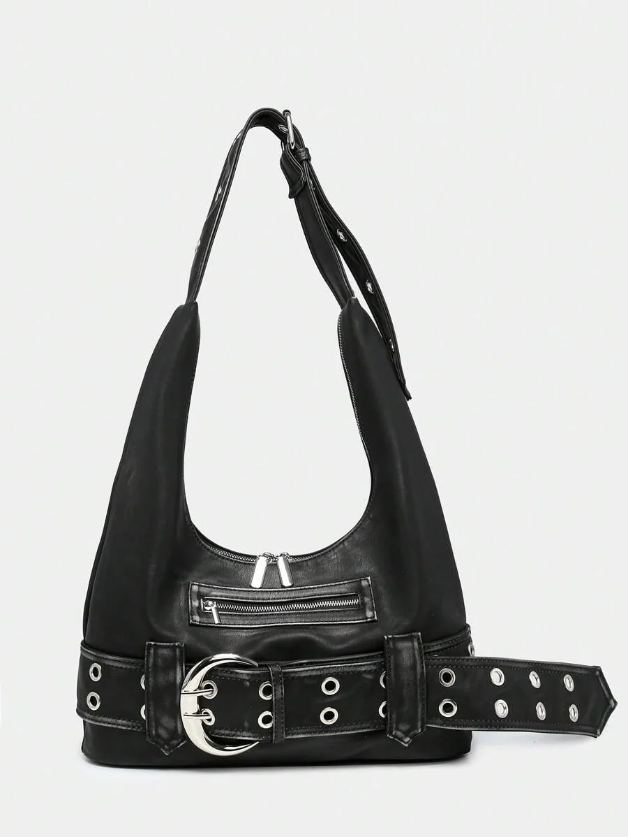 Rebel Luxe Distressed Buckle Hobo Bag - Image 3