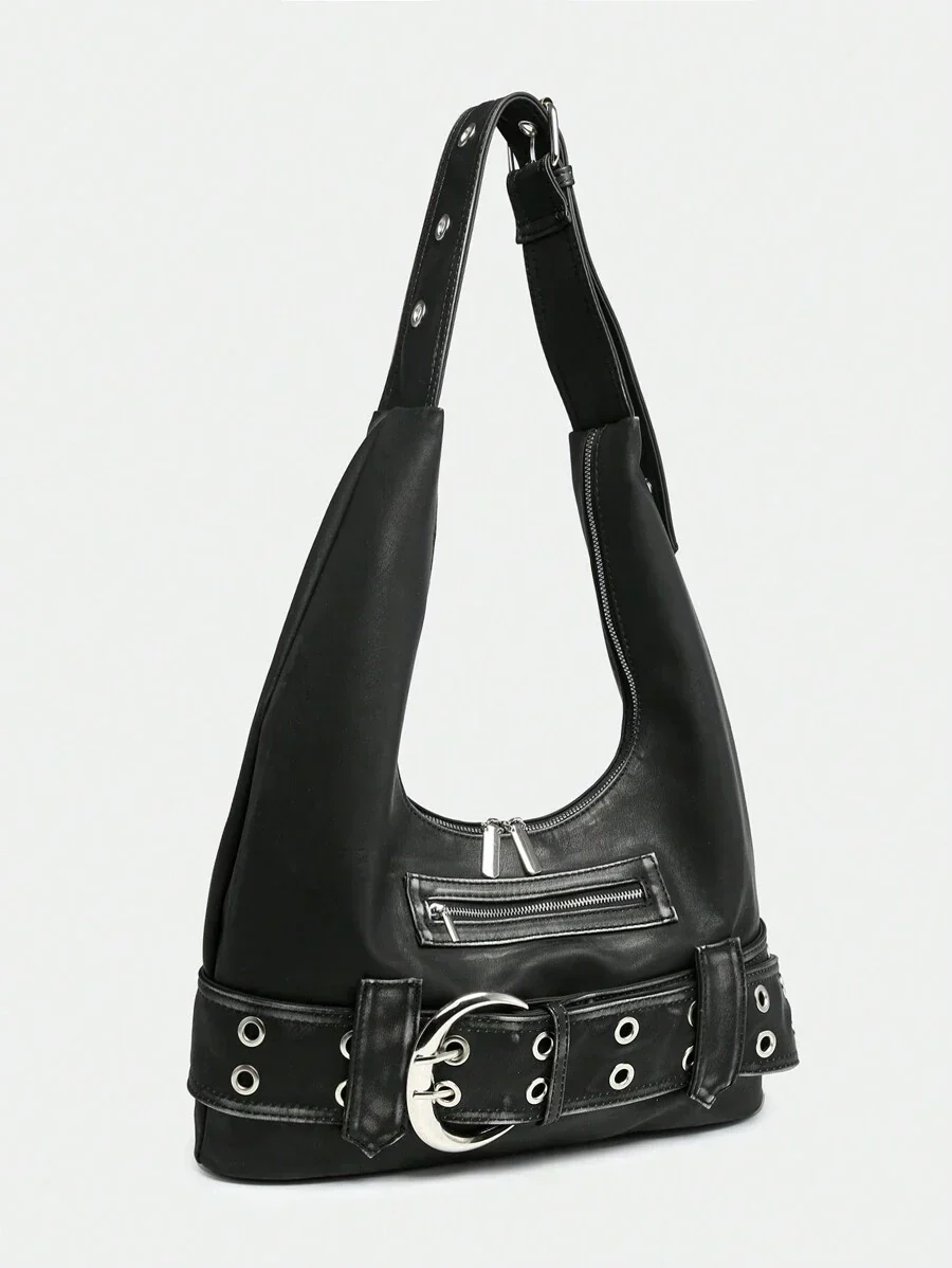 Rebel Luxe Distressed Buckle Hobo Bag - Image 5