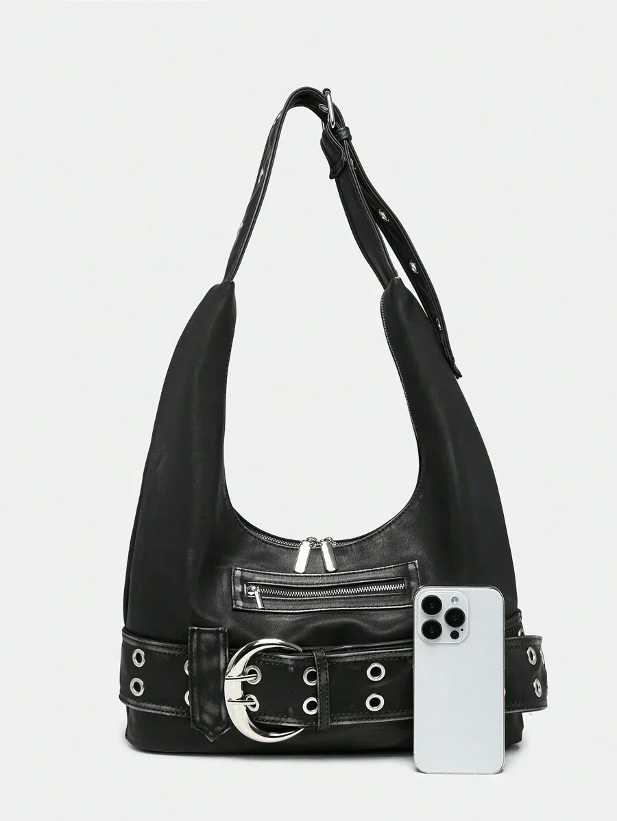 Rebel Luxe Distressed Buckle Hobo Bag - Image 6