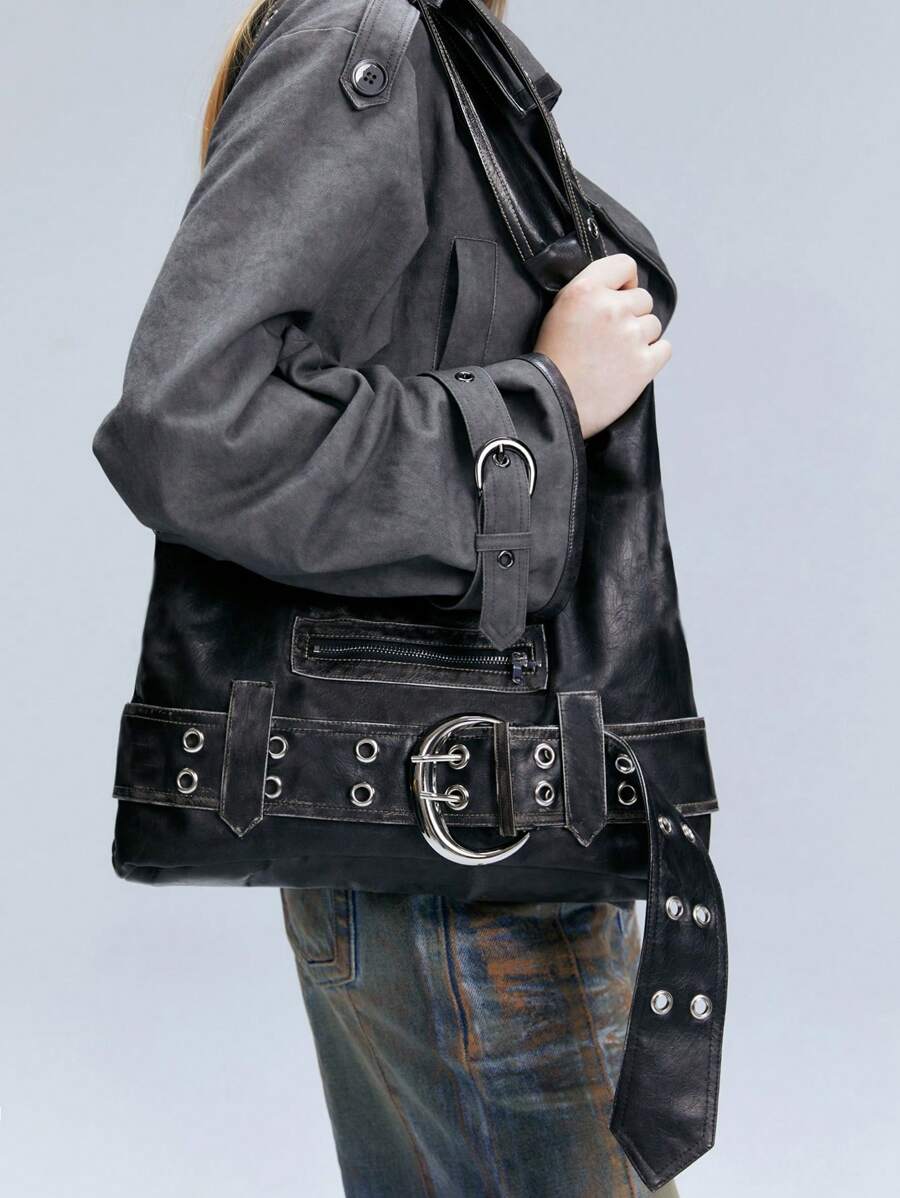 Rebel Luxe Distressed Buckle Hobo Bag - Image 8