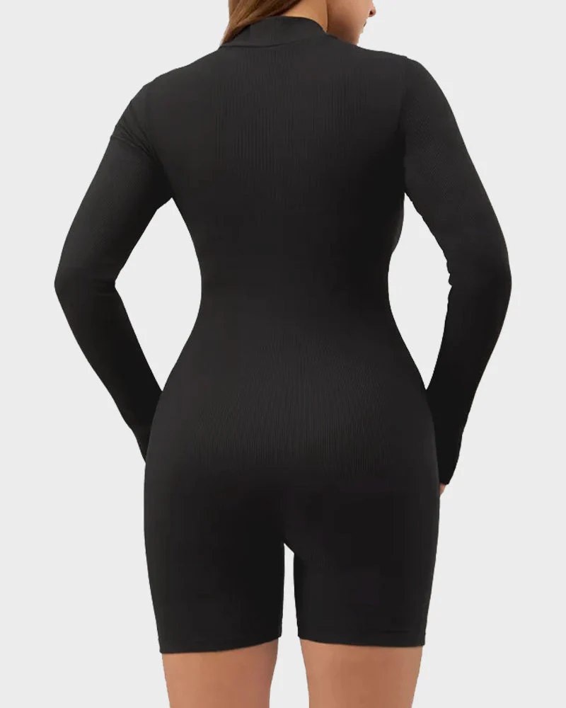 Ribbed Long Sleeve Half-Zip Sculpting Bodysuit Shorts - Image 2