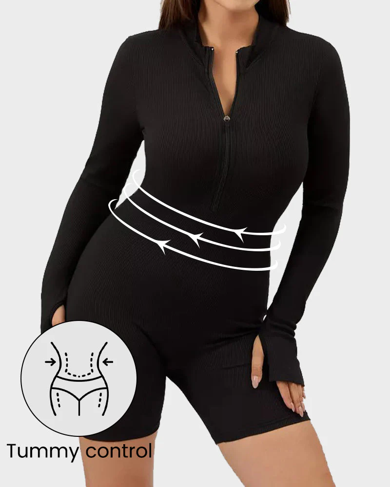 Ribbed Long Sleeve Half-Zip Sculpting Bodysuit Shorts - Image 4