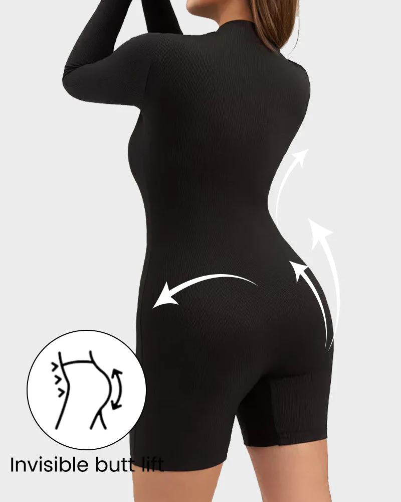 Ribbed Long Sleeve Half-Zip Sculpting Bodysuit Shorts - Image 5
