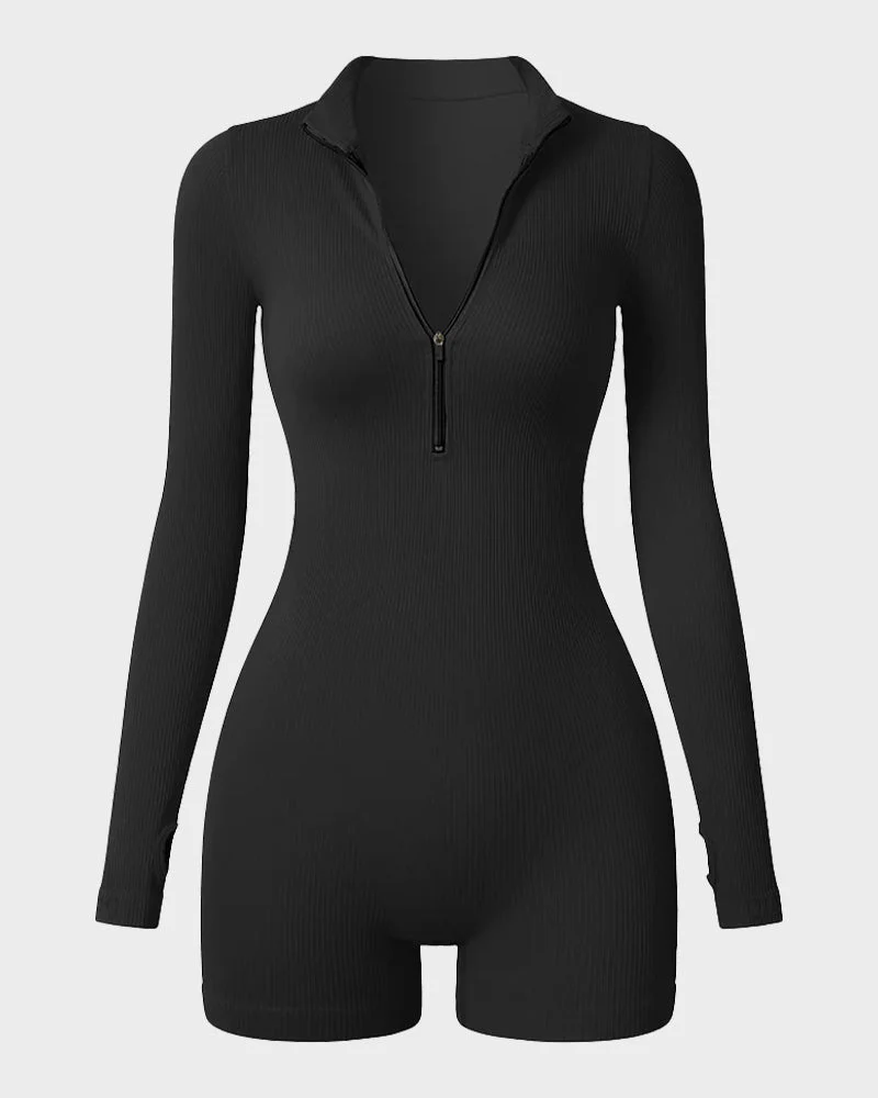 Ribbed Long Sleeve Half-Zip Sculpting Bodysuit Shorts - Image 7