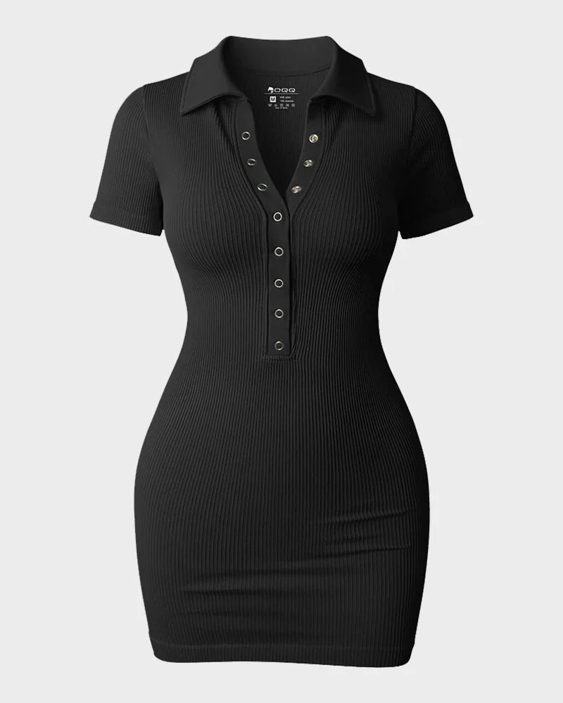 Chic Ribbed Button-Up Fitted Mini Dress - Image 4