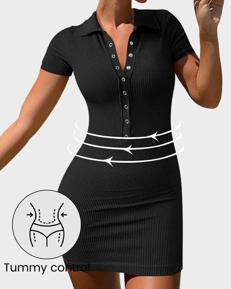 Chic Ribbed Button-Up Fitted Mini Dress - Image 5
