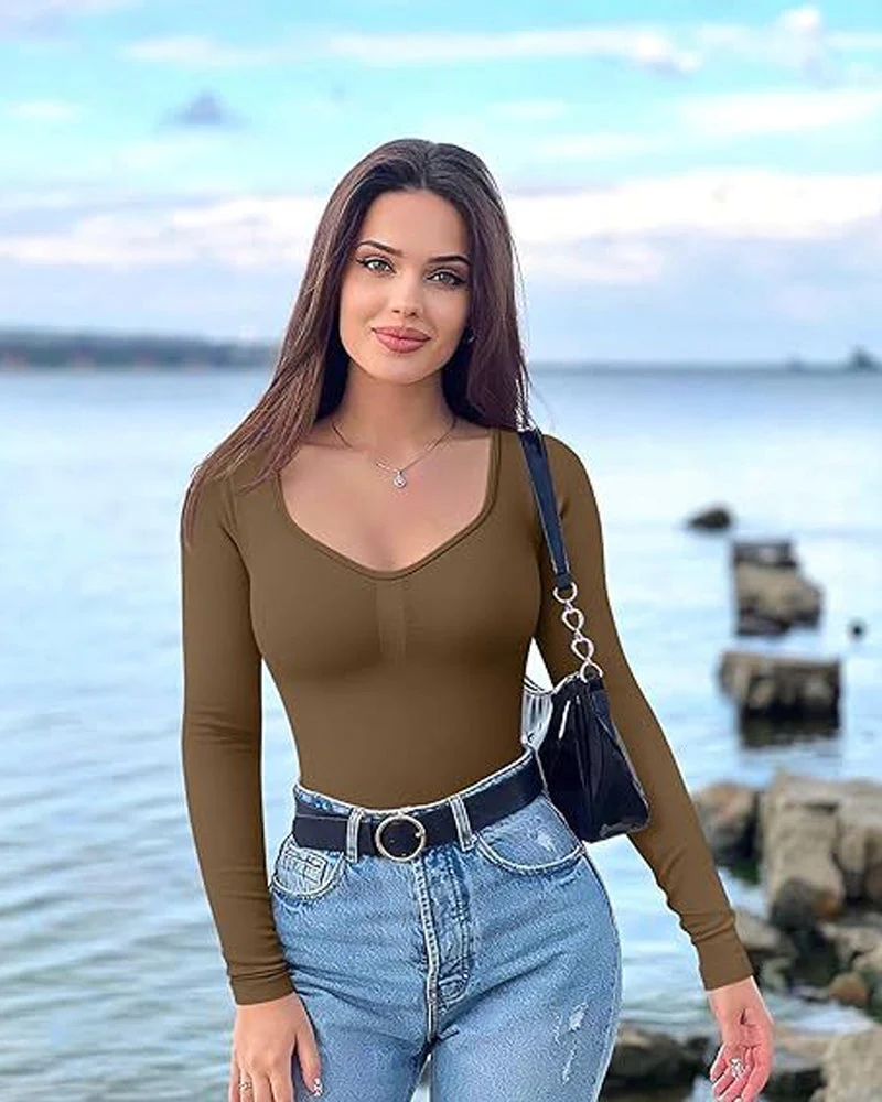 Seamless Long Sleeve V-Neck Bodysuit - Image 17