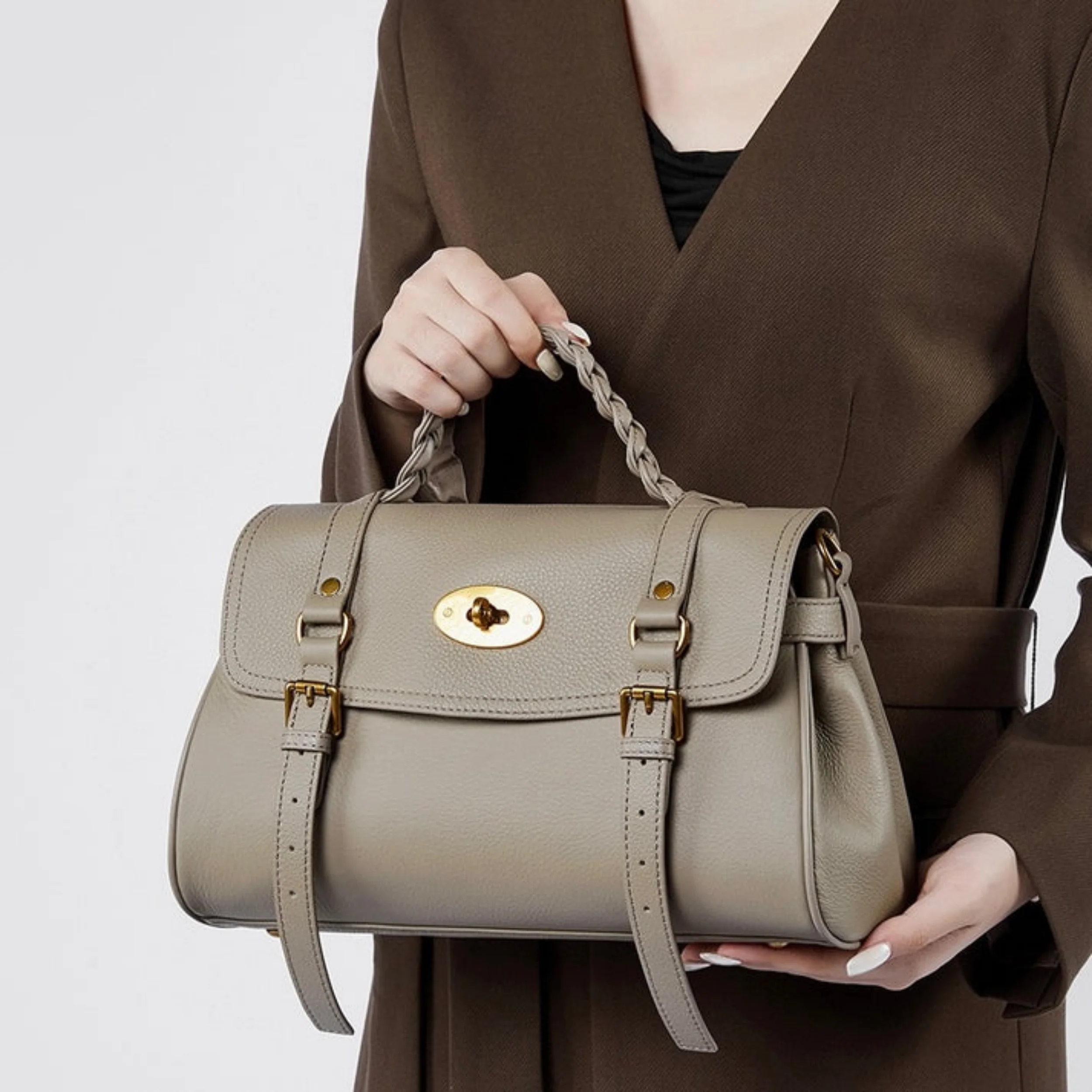 Solévia Geniune Leather Satchel with Braided Handle - Image 6
