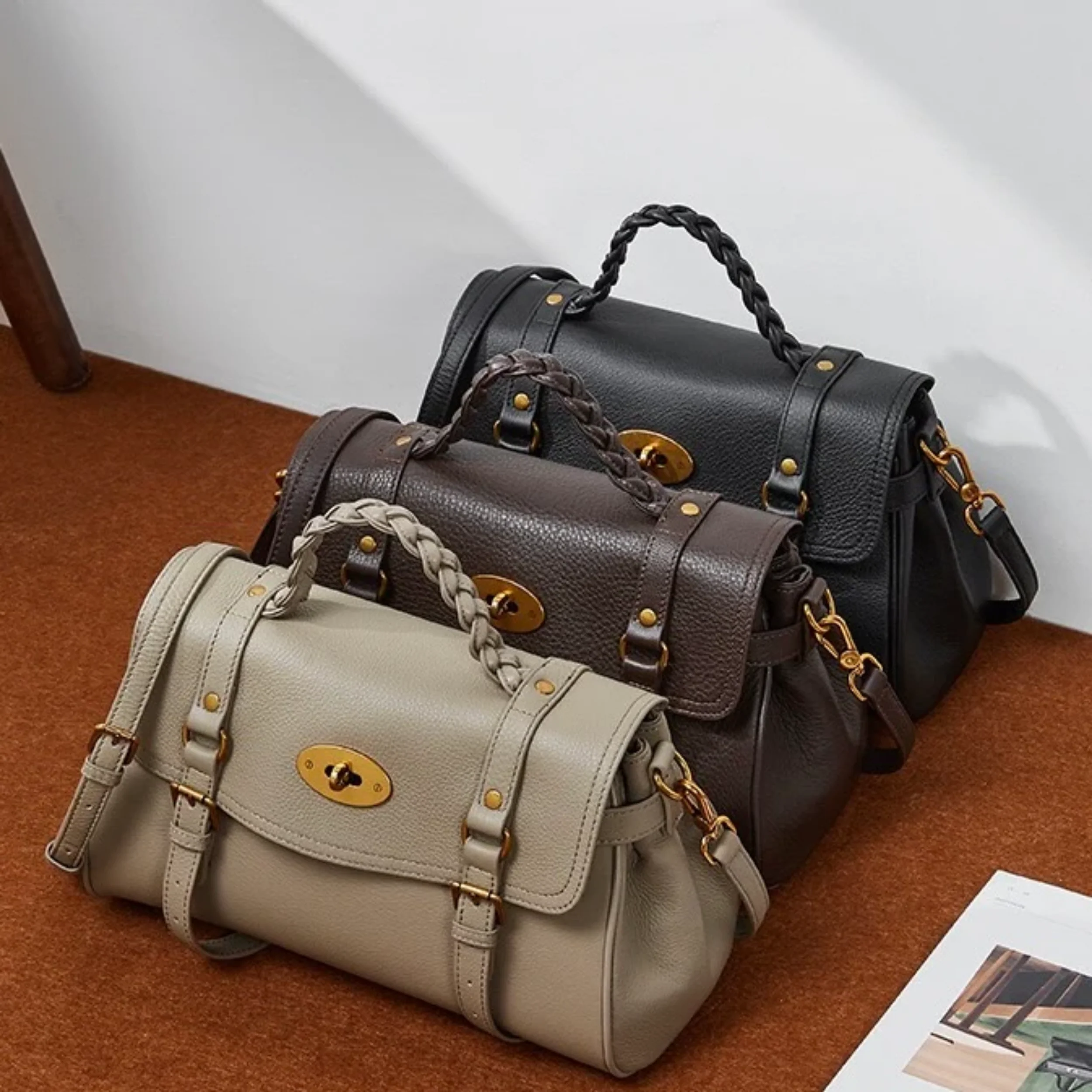 Solévia Geniune Leather Satchel with Braided Handle - Image 7