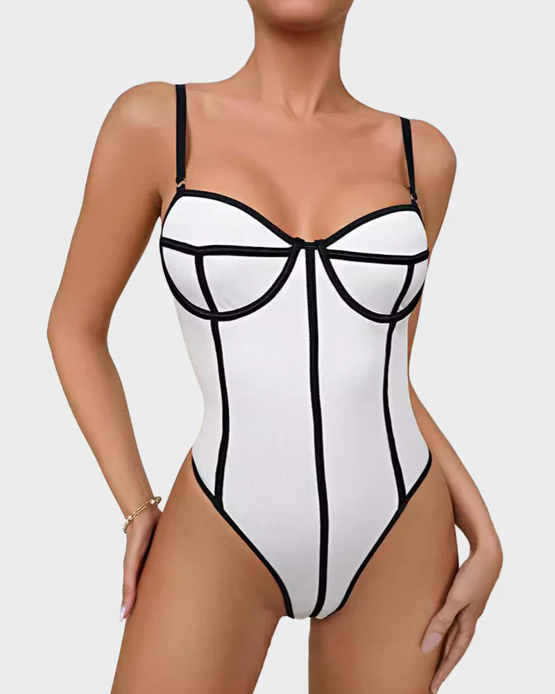 Chic Snatched Fit Contrast Trim Low Back Bodysuit - Image 2