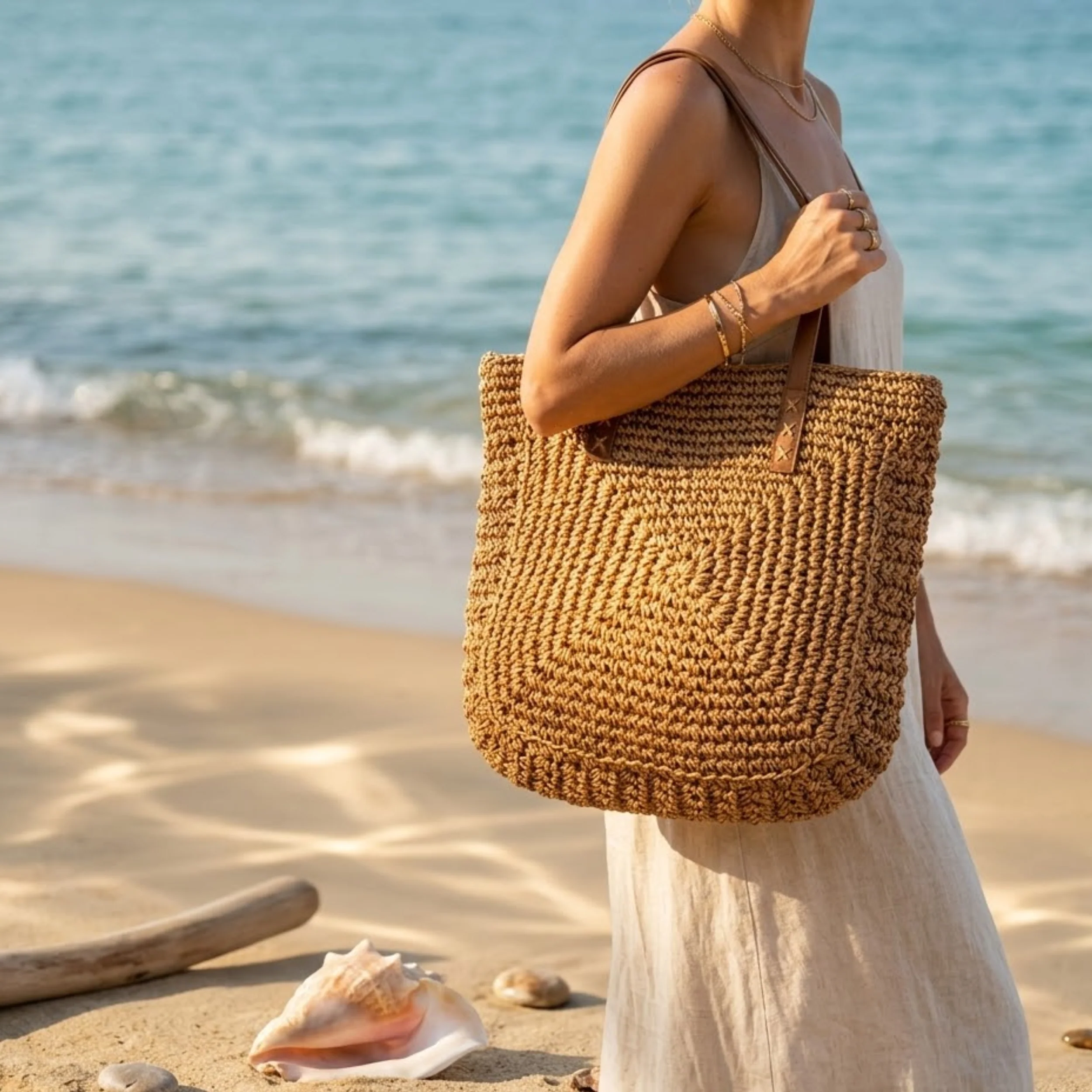 Summer Chic Handwoven Raffia Coastal Beach Tote Shoulder Bag – Sustainable Bag - Image 4