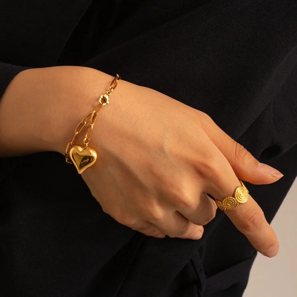 Chunky Heart Pendant Gold Chain Bracelet - Image 3