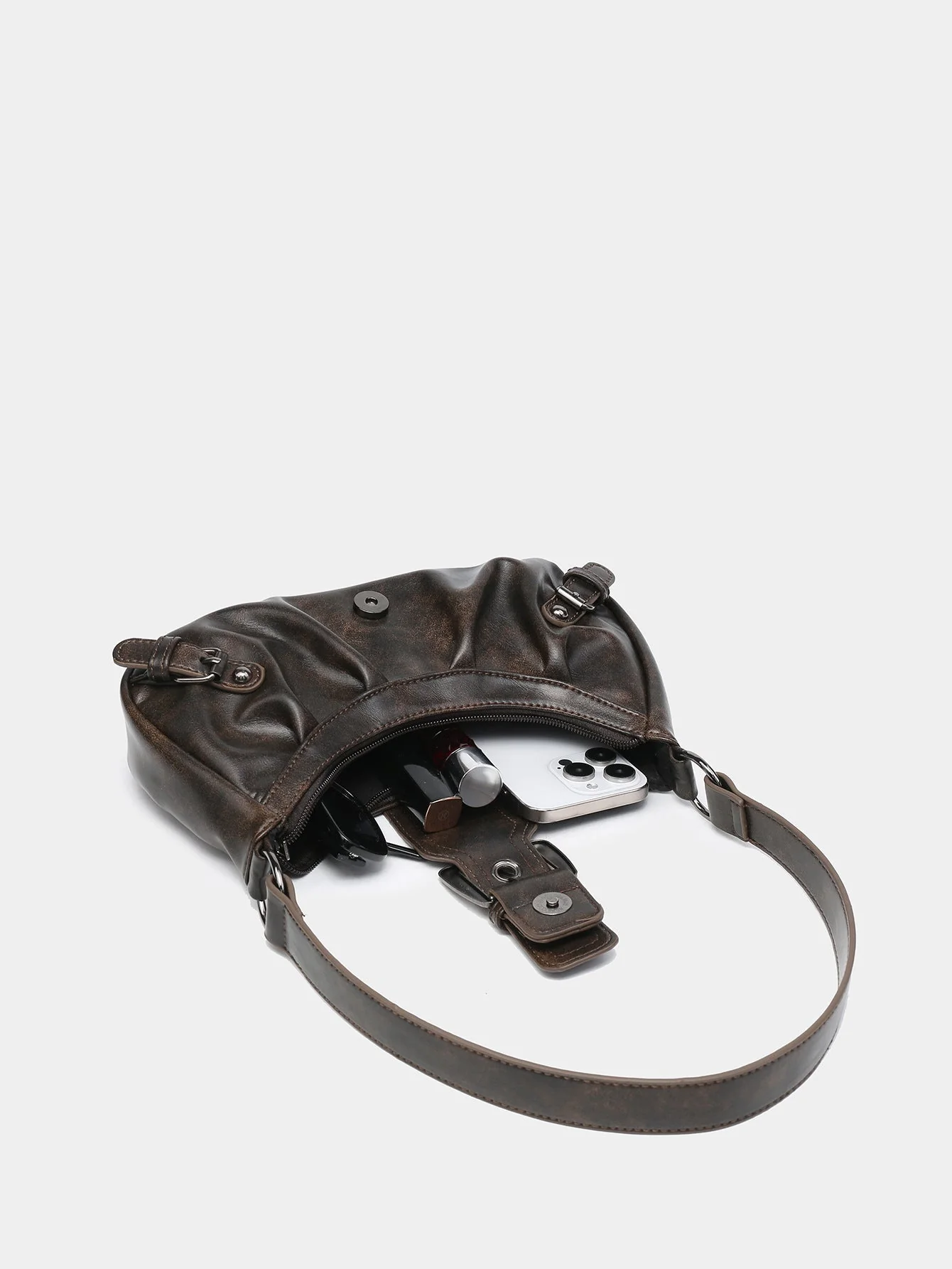 Urban Muse Distressed Faux Leather Buckle Hobo Bag - Image 4