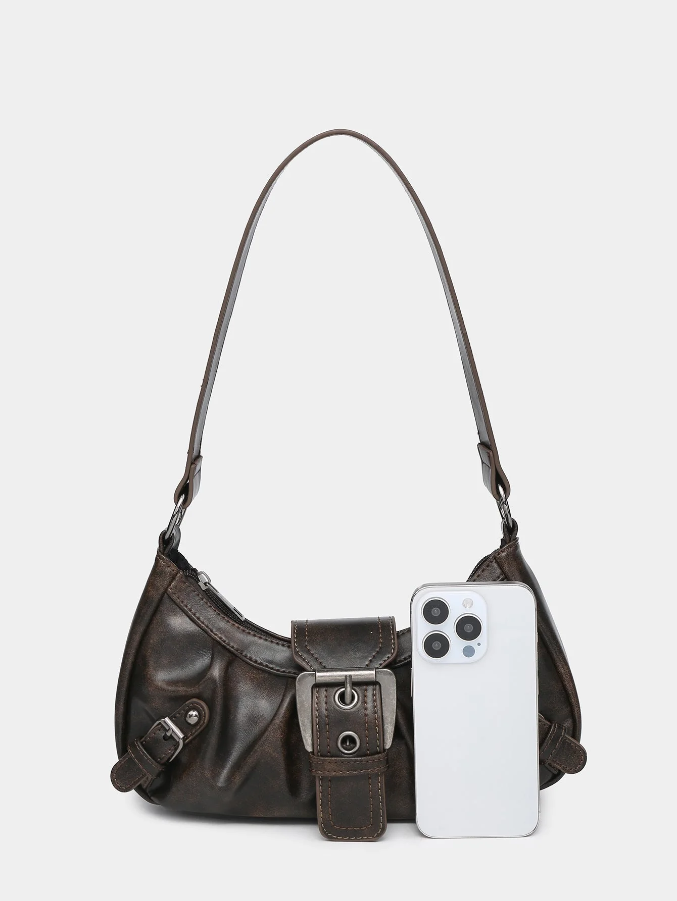Urban Muse Distressed Faux Leather Buckle Hobo Bag - Image 5