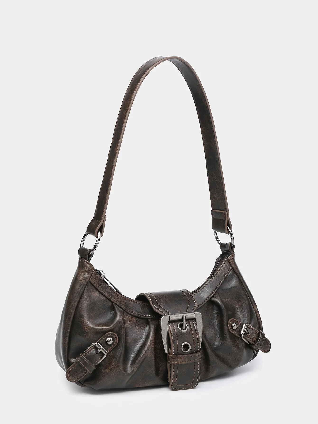 Urban Muse Distressed Faux Leather Buckle Hobo Bag - Image 6