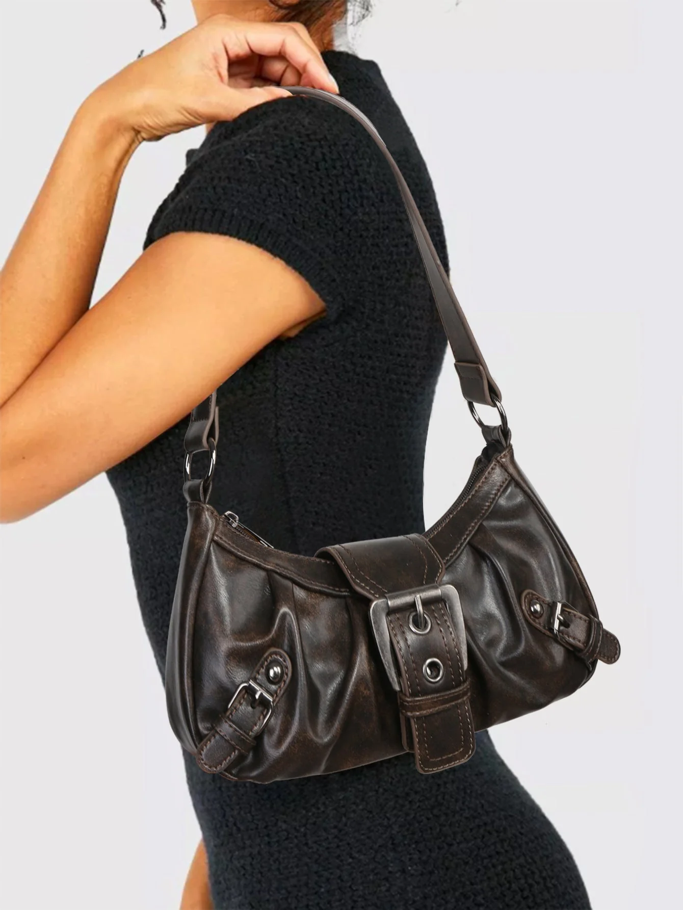 Urban Muse Distressed Faux Leather Buckle Hobo Bag - Image 9