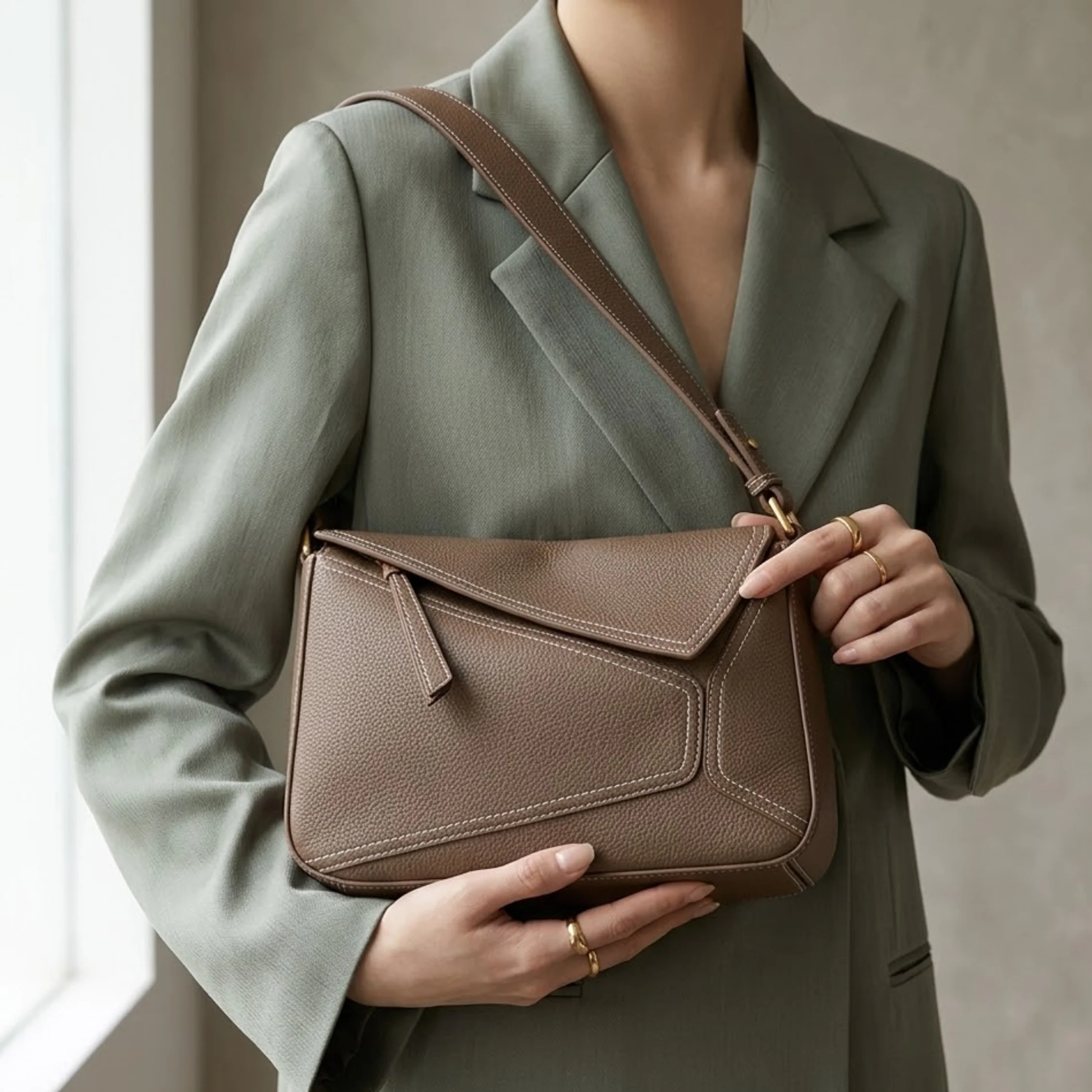Zephyss Genuine Leather Geometric Shoulder Crossbody Bag - Image 6